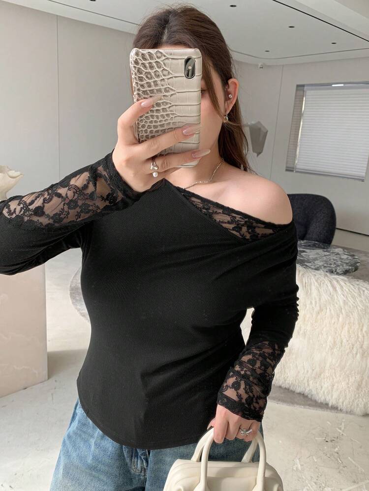 Dazy Petite Plus Plus Size Black Lace Patchwork Oblique Shoulder Exposing Asymmetric Neck Fitted Long Sleeve T-Shirt, Spring/Summer