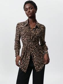 Aveloria Modichic Women Elegant Leopard Print Criss-Cross Design Flattering Versatile Fashion Long Sleeve Blouse, Suitable For Spring, Valentine's Day - Multicolor - View 1