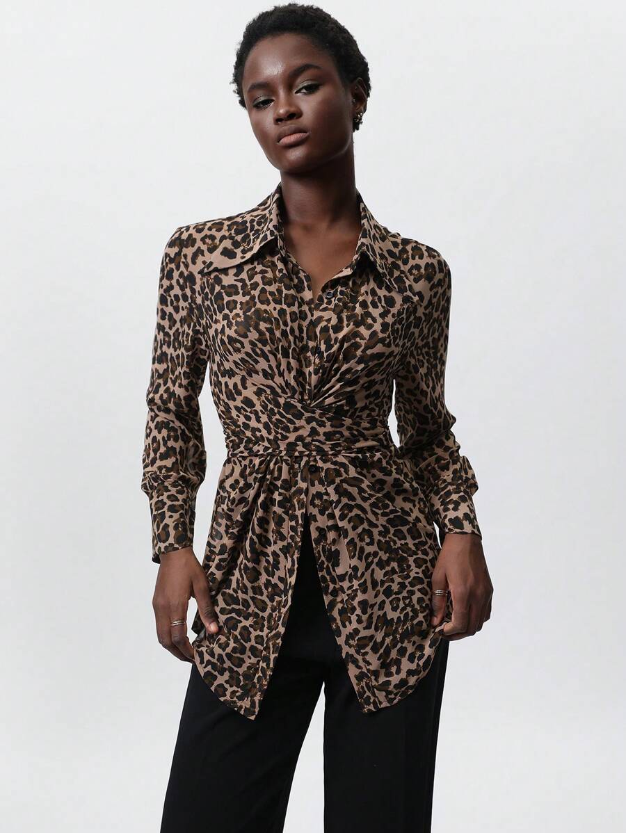 Aveloria Modichic Women Elegant Leopard Print Criss-Cross Design Flattering Versatile Fashion Long Sleeve Blouse, Suitable For Spring, Valentine's Day - Multicolor - View 1