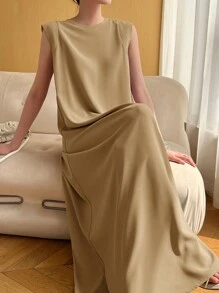 Heiryn Vestido casual suelto de unicolor y estilo árabe sin mangas, moda minimalista para uso diario de la mujer
