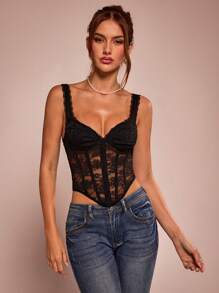 SHEIN BAE Fancy Lace Patchwork Corset Seam And Asymmetrical Hemline Cami Top