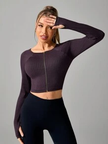 Easithlete Women's Solid Color Front Zipper Long Sleeve Casual Short Sports Jacket, Minimalist Style - Purple - View 5