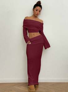 SHEIN Unity Conjunto de 2 piezas sexy de suéter corto con hombros descubiertos y falda ajustado de cintura alta extra larga para ropa de Año Nuevo y otoño para mujeres - Rojo - Ver 7