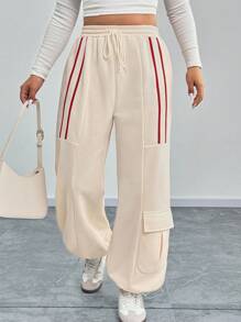 Calvaya Plus Size Effen Kleur Losse Casual Taille Trekkoord Patchwork Gestreepte Cargo Joggingbroek