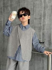 3pcs Kid Tween Boy Back-To-School Blue White Stripe Collared Cardigan,Solid Color Pullover Vest & Relaxed Fit Woven Pants Set,Casual Autumn School - Multicolor - View 6