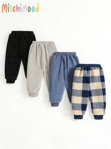 3 pièces Pantalons amples texturés en polaire pour bébés garçons, modèle simple et en bleu, noir, gris et à carreaux. Tenue d'intérieur chaude - Multicolore - Voir 2