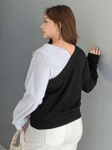 Dazy Petite Plus Color Block Patchwork Asymmetrical Knit Pullover Sweater, Black & White, Spring Autumn,Fall Women Clothes