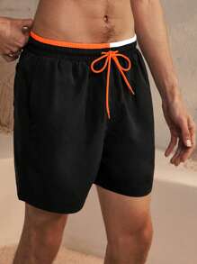 Manfinity Swimmode Contrasterende patchwork strandshorts met vetersluiting voor heren, vakantie, Hawaïaans
