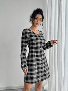 SHEIN Unity 女士格纹圆领长袖单排扣短款休闲连衣裙，秋季 - 黑色 - 查看 5