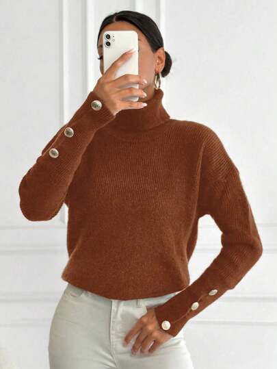 Women's High Neck Solid Ribbed Knit Button Detail Sweater