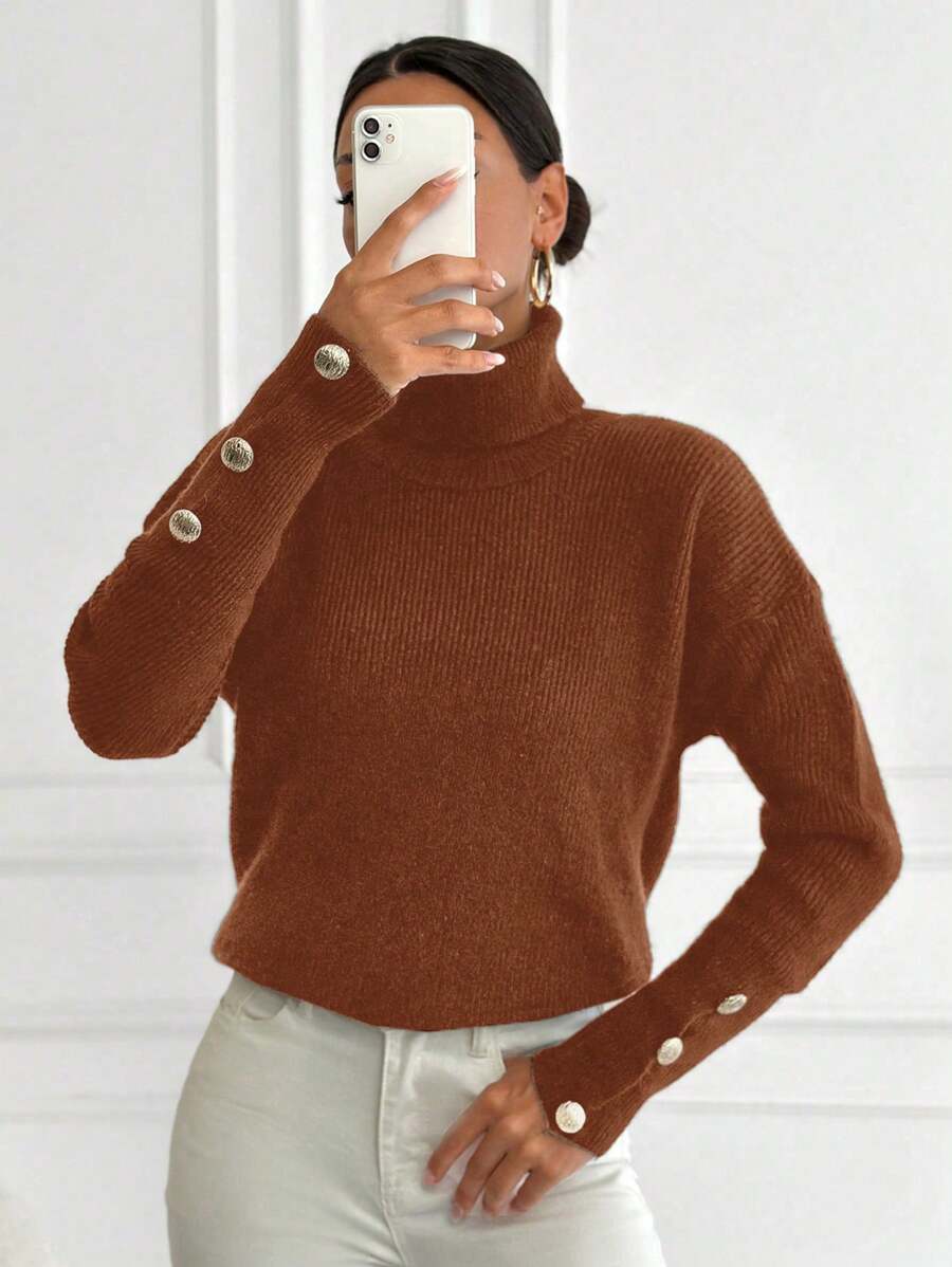 EURMUSE Của phụ nữ Cổ cao Chất rắn Đồ đan Ribbed Chi tiết Nút Áo len - Màu Đỏ Sâu - Xem 1