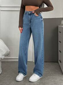 EURMUSE High Waist Wash Detailed Straight Jean - Medium Wash - View 1