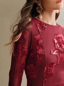 Anewsta Embroidered Floral Bodycon Dress For Women - Burgundy - View 2