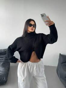 Flirla 大码时尚俏皮高领短款长袖修身针织套头衫，秋冬款 - 黑色 - 查看 4