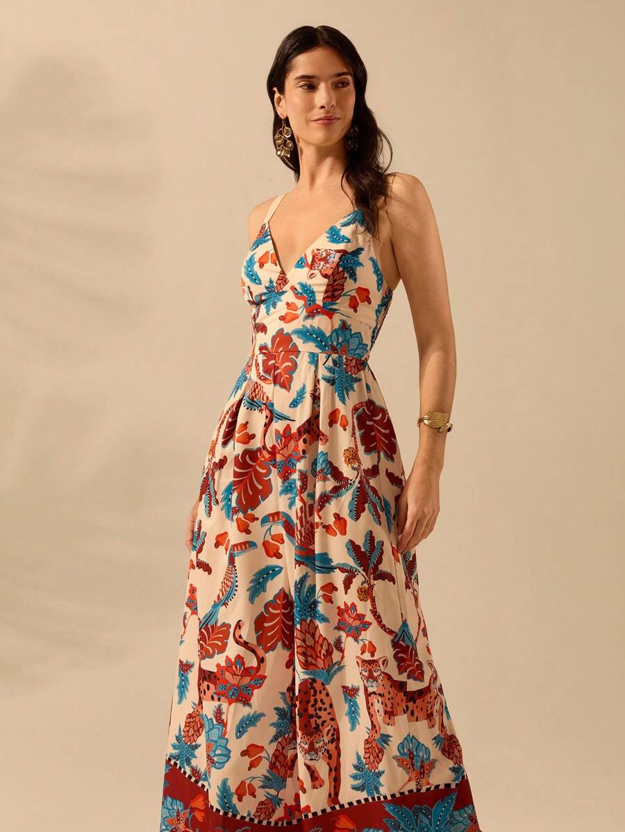 CAJUNI 女士波西米亚豹纹、菠萝、热带动植物印花、无袖黑色长款连体裤、假日休闲海滩夏季连体裤 - 彩色 - 查看 1