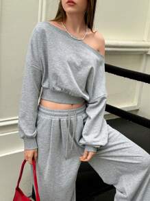 Jouncy 2 件套女士休闲纯色露肩短款运动衫和运动裤套装，秋季 - 灰色 - 查看 5