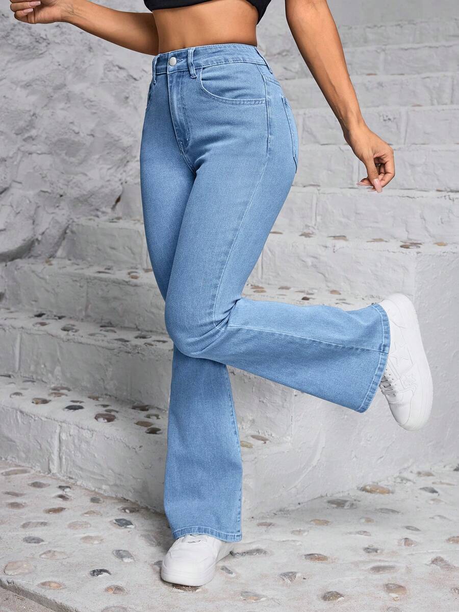 SHEIN PETITE Women Front Button Pocket Simple Denim Jeans, Casual Daily Wear - Light Wash - View 1