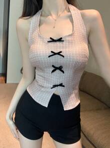 DAZY Summer New Casual Bowknot Slim Fit V-Neck Sleeveless Top, Thin Short Women Tank Top,Halter Top - Khaki - View 3