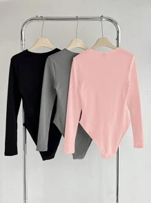 SHEIN BASICS 3pcs/Set Bodysuit Rajut Lengan Panjang Warna Polos Kasual dengan Lapisan Termal untuk Wanita - Berwarna merah muda - View 4