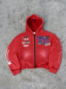 Manfinity EMRG 男士休闲字母印花拉链连帽运动衫，秋冬季图案长袖拉链连帽衫，适合朋友、丈夫、男朋友的礼物 - 紅色 - 查看 1