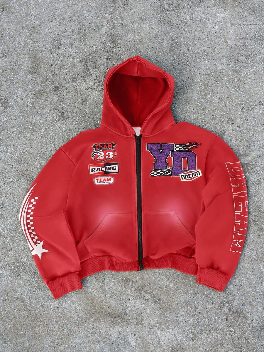 Manfinity EMRG 男士休闲字母印花拉链连帽运动衫，秋冬季图案长袖拉链连帽衫，适合朋友、丈夫、男朋友的礼物 - 紅色 - 查看 1