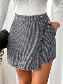 SHEIN Frenchy 女士侧扣装饰口袋不对称下摆休闲短裙 - 深灰色 - 查看 4