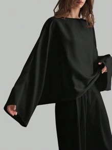 Ontre Women's Teacher Top, Autumn Women's Wear, 2025 Autumn Women's Series, Satin Black Oversized Boat Neck Minimalist Elegant Business Casual Women's Wear, Black Boat Neck Long Sleeve Retro Back To School Style Women's Teacher Basic Top, Back To School Women's Office Wear