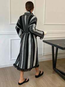 DAZY Striped Knit Tassel Edge Design Casual Loungewear Long Robe,Back To School Clothes Fall,Winter Pajama - Black - View 2