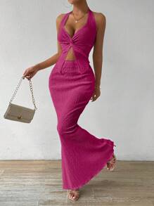 Chiquease Women Solid Color Twisted Front Slit Hem Halter Neck Backless Crop Top & Fishtail Hem Sexy 2 Pieces Set - Hot Pink - View 5
