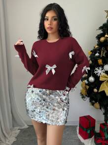 Chiquease 女士圆领长袖休闲毛衣上衣，饰有蝴蝶结，圣诞针织套头衫，秋冬季 - 酒紅色 - 查看 5