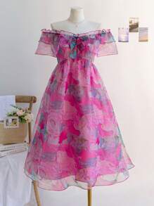 Soleia 大码女式露肩 A 字中长连衣裙，欧根纱花卉印花，秋冬季节日连衣裙 - 彩色 - 查看 1