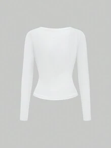 ROMWE Goth 韩流V领长袖印花休闲T恤，女款，日常穿着 - 白色 - 查看 2