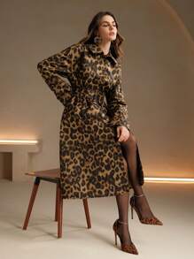 Anewsta Retro European & American Leopard Print Long Sleeve Slim Fit Trench Coat Overcoat - Multicolor - View 5