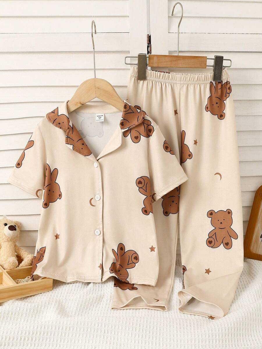 SHEIN Set de 2 piezas de conjunto de ropa informal de homewear con cárdigan y pantalones con estampado de oso lindo en color albaricoque para niña joven - Albaricoque - Ver 1