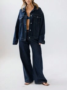 Aralina 女士经典纽扣牛仔夹克（春秋季） - 藍色 - 查看 10