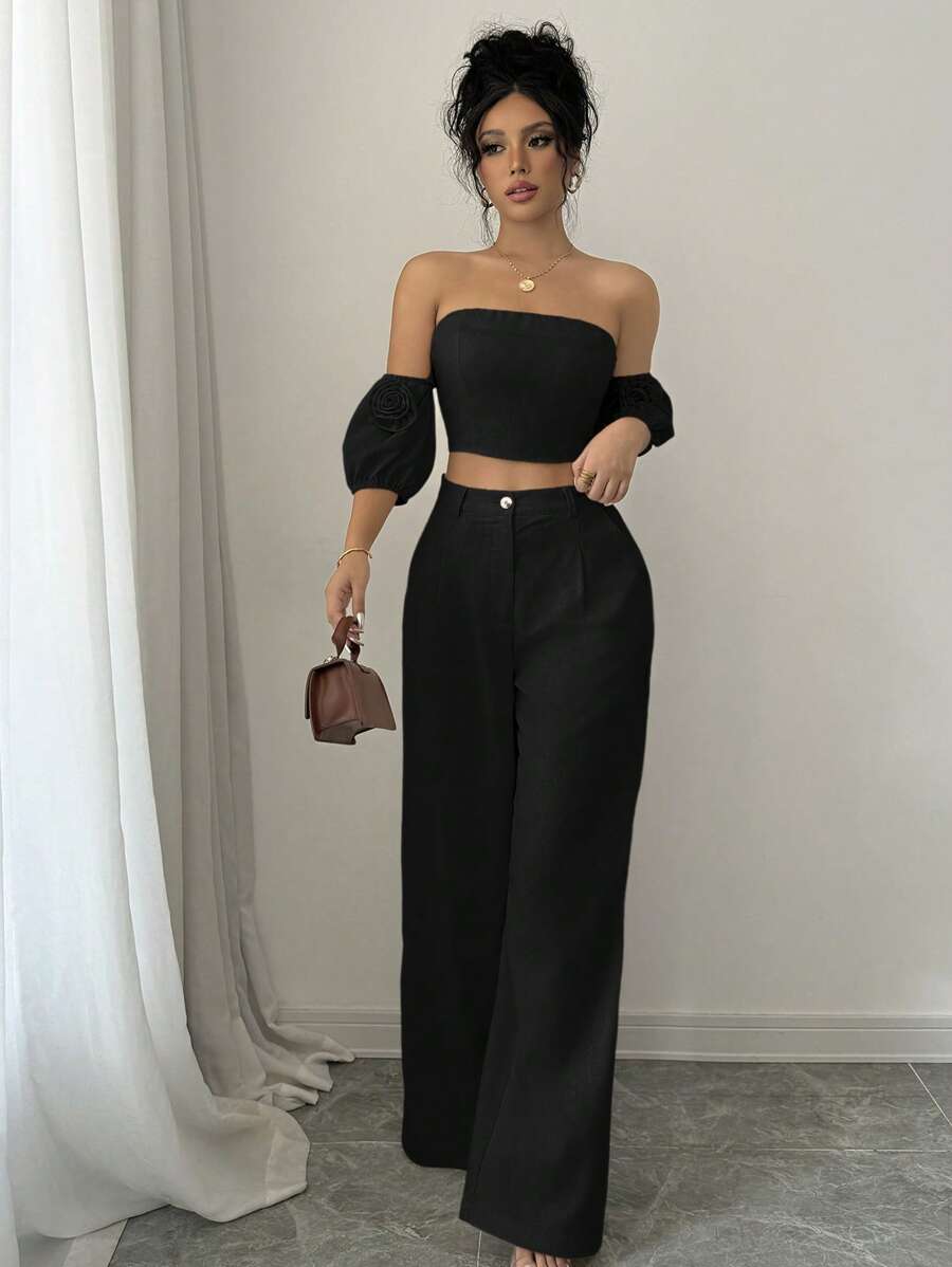 Elenzga Conjunto de 2 piezas con top de manga abullonada y hombros descubiertos y pantalones de pierna ancha de unicolor para mujer - Negro - Ver 1