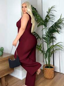 SHEIN SXY Bộ vest màu trơn cổ điển ôm vừa vặn cỡ lớn cho đêm hẹn hò gợi cảm câu lạc bộ sinh nhật mùa xuân hè quần áo phụ nữ tiệc độc thân vào mùa thu/đông - Màu Đỏ Sâu - Xem 4