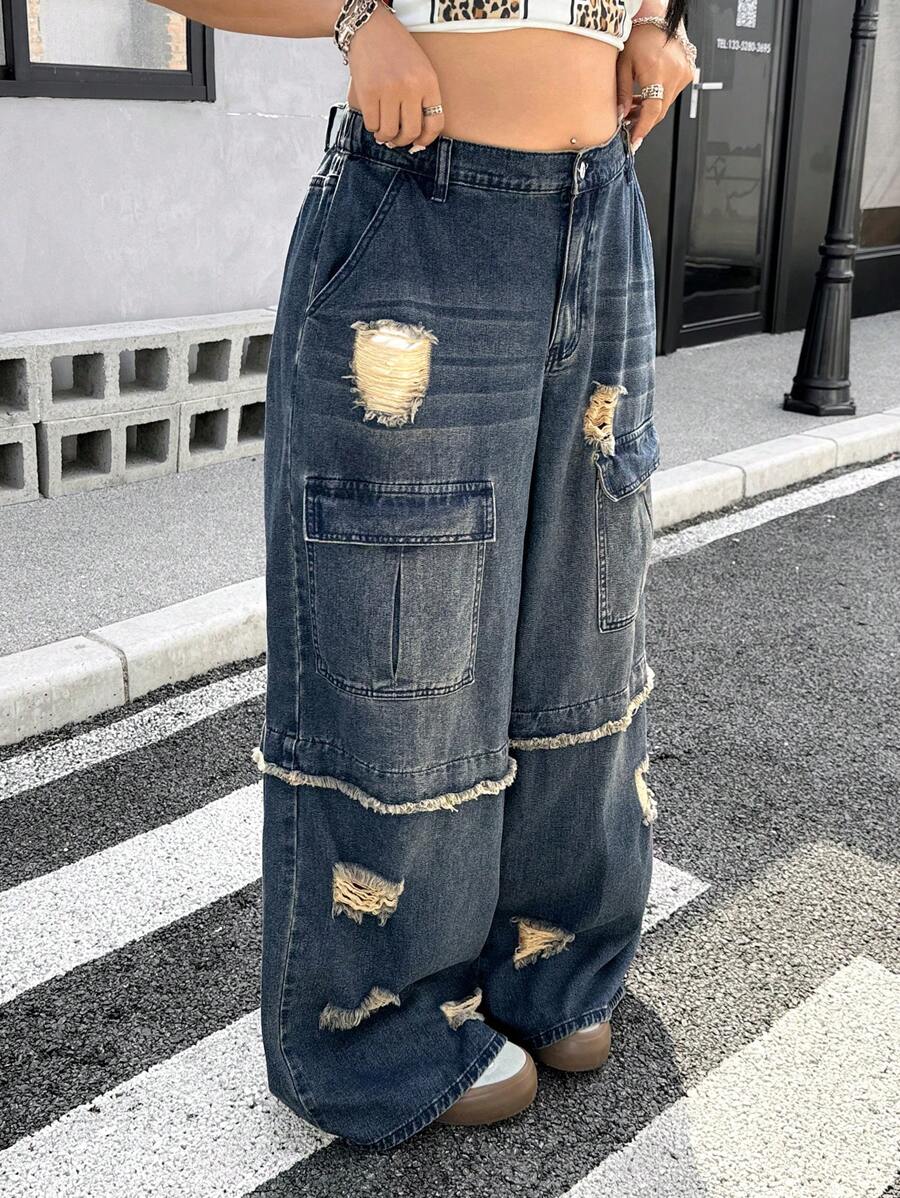 SHEIN ICON Plus Size Y2K Streetwear Cargo Pants, Multiple Pockets, Distressed Loose Fit Washed Denim Jeans - Dark Wash - View 1