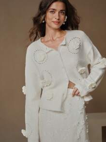 Anewsta Women's Hand-Crocheted 3D Flowers Cardigan Sweater - White - View 6
