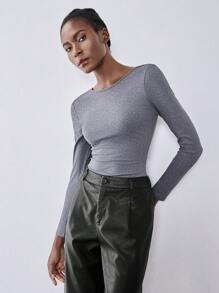 Chiquease Sexy Backless Halter Long Sleeve T-Shirt, Soft Velvet Fabric, Skin-Friendly Fall Cloth For Women - Grey - View 6