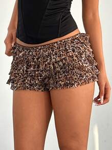 Aloruh Women's Spring/Summer Music Festival Lace Trim Bowknot Leopard Print Mesh Multi-Layer Ruffle Extremely Short Shorts
