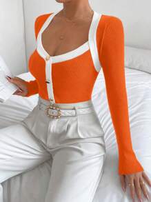 SHEIN Unity Suéter ajustado de cuello en forma de corazón con diseño de botones de manga larga y color contrastante, suéter de punto de otoño/invierno - Naranja - Ver 3