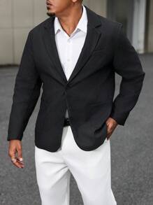 Manfinity Mode Plus Size Men's Solid Color Contrast Collar Long Sleeve Casual Business Suit Jacket, Autumn