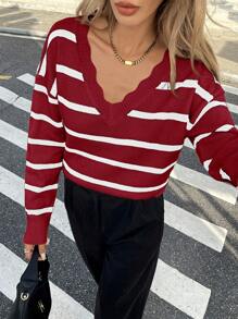 SHEIN Frenchy 黑白条纹图案扇贝边落肩毛衣