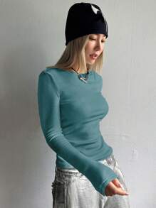 DAZY Long Sleeve Warm Inner Lining T-Shirt,Thermal Lined Fall,Winter - Dusty Blue - View 4