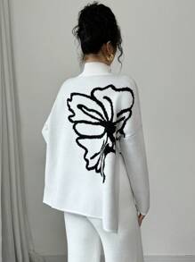 Elenzga Women's Stand Collar Long Sleeve Floral Pattern Minimalist Casual Sweater Knit Pullover Fall Winter