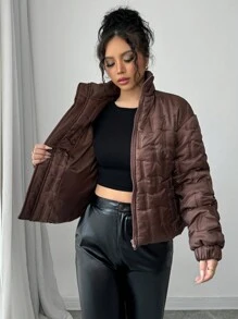 Chiquease Abrigo acolchado de mujer de manga larga con cuello alto de alta gama, de tela acolchada marrón, para otoño/invierno