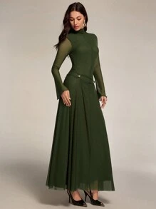 Modelyn Long Sleeve Ruffled Mesh Contrast Maxi Arabic Style Dress Long Evening Dresses - Army Green - View 4
