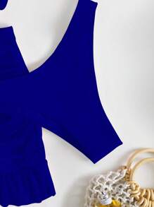 SHEIN Swim 素色比基尼套裝前打結聚攏內衣和高衩下裝和褶邊沙灘半身裙3入組泳衣 - 寶藍色 - 查看 3