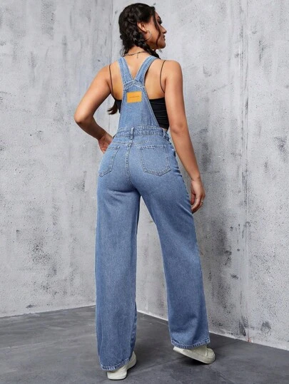 SHEIN ICON Women's Loose Fit Pocket Denim Jumpsuit With Adjustable Straps